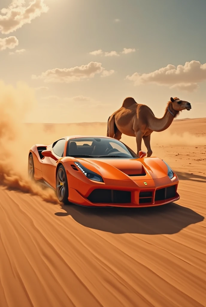 A red car drive in desert with camels