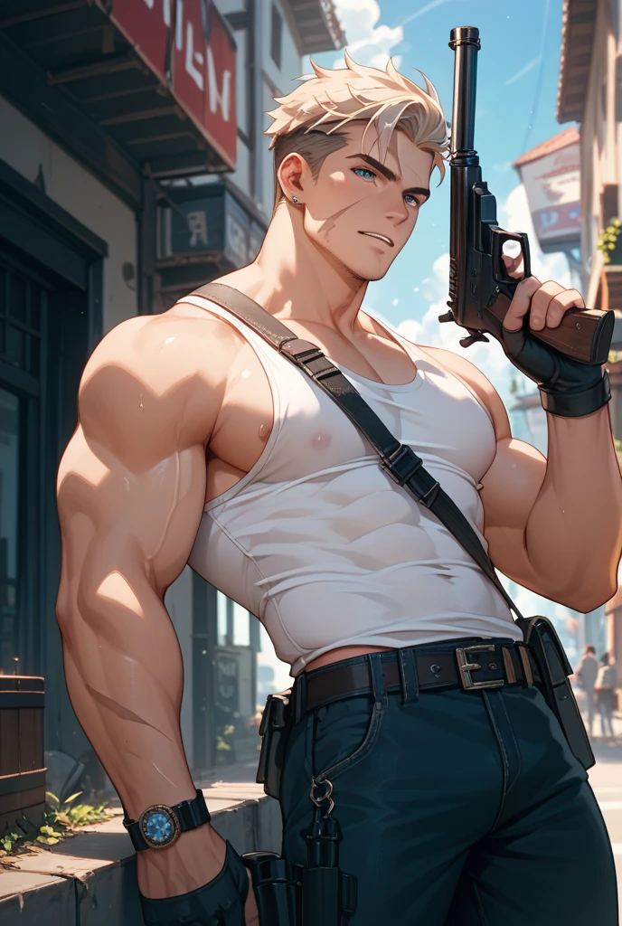 1boy, upper body, handsome male, perfect male body, High quality, Best Quality, portrait, dynamicpose, (Mercenary, topless, Rifle in hand, evil grin), tall, strong and muscular, sitting in ruins, Mad Max, Ray tracing, dramatic shadows,  dramatic compositions, Cinematic lighting