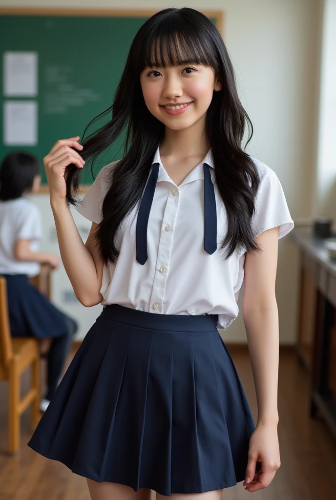 (Highest quality、Tabletop、8k、Best image quality、Award-winning works)、1 person, very cute, Great face and eyes, (Beautiful lovely smile), (Highly detailed beautiful face), Bright and shiny lips, Look at me、(Dark blue pleated skirt:1.1)、(White polyester open shirt:1.3)、(Small cleavage:1.2)、 Accentuate your body lines、Slender body、Realistic skin texture、Cinema Lighting、Dark Blue Skirt、Knee-high socks、(Standing in front of the blackboard in a high school classroom:1.2)、(Accurate anatomy:1.1)、(Super bright and radiant skin:1.3)