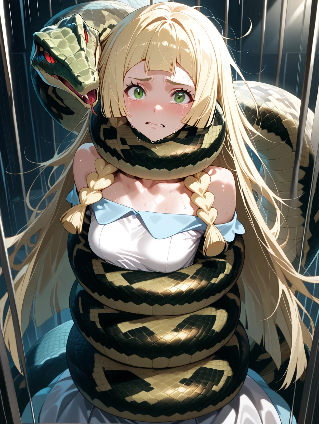 masterpiece, best quality, highres, illustration, highly detailed, Lillie (Pokemon), length hair, blonde hair, twin braids, messy hair, 1girl, solo, beautiful detailed eyes, cleavage, snake, (python), (coiled), snake scales detailed, restrained, scared face, crying, breasts out