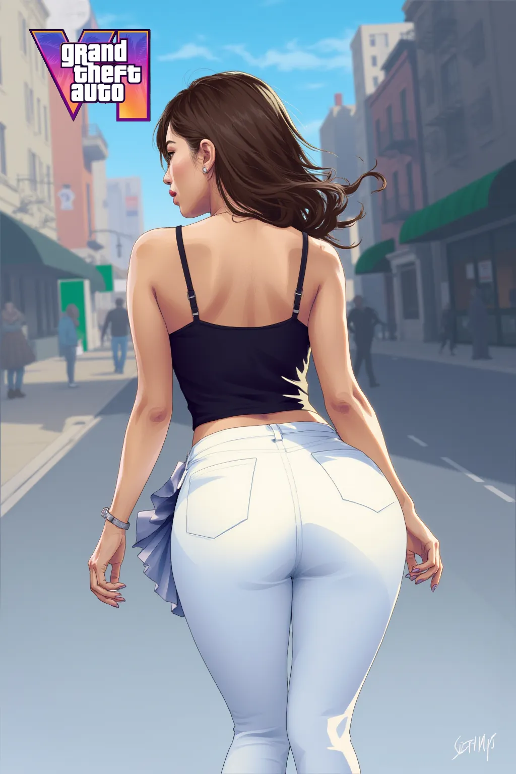 Zelda style, 8K, high-resolution, solo girl, back view, far from camera, medium curly brown hair, skinny, plain back visible, slim waist, thick, hands on hips, really short skirt, buttocks slightly visible, on side walk in big city