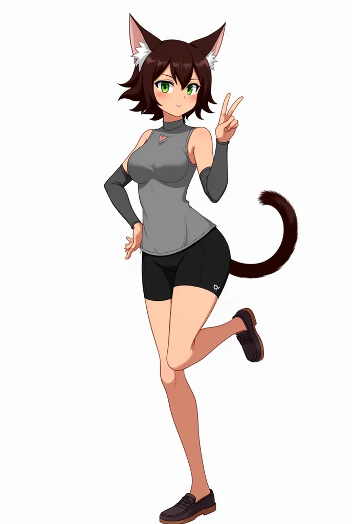 Anime image of a girl with short brown hair, very tanned and brown skin, she has raccoon ears and a tail., usa un uniforme de colegiala muy ajustado, She is very muscular and smiles sadistically while in a classroom
