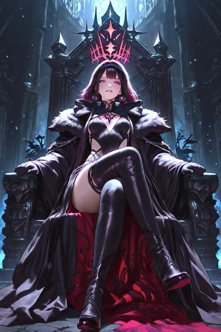 perfectly structured, (watercolor), digital illustration, anime style, dirty, the mysterious (princess of darkness:1.2), sitting on the void throne, chaos reign, evil, villainess, (delicate, sublime:1.2), beautiful beyond words, highly detailed, volumetric lighting, vibrant dark colors, vivid red, dynamic composition, sharp and crisp image, done in photoshop