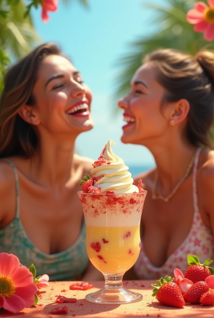 Aphrodite with blonde hair and Sappho with short dark hair appear happy and appear with Durex brand products