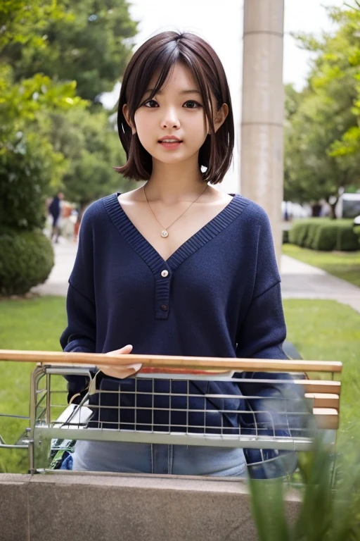 (realistic:1.4), best quality, ultra high res,
4k, instagram,higly detailed,
(cardigan: 1.5), plated skirt,
bangs,smile,
at the lake park, cherry blossom,
virtualgirl-rin,
small breasta,bob hair, short hair,brown hair, brown eyes, black choker,
