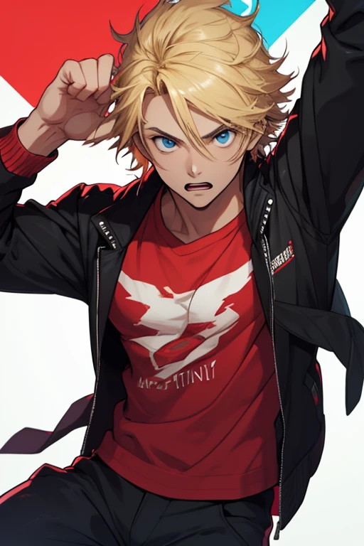 1boy, blonde hair, blue eyes, messy hair, short hsir, black compression shirt with no sleeves, dark grey cargo pants, arm warmers with red stripe on the middle, no sleeves, hip window, arm warmer, thighs acessories, 2arms, 10 fingers