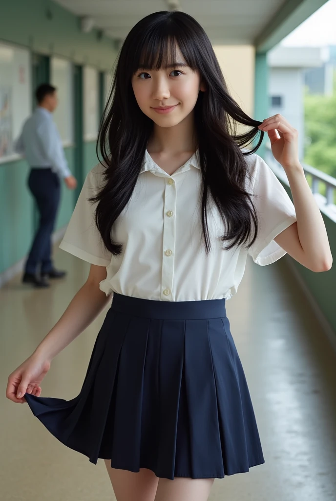 subject, Japan person, 16 years old, high school girl, uniform, brachira show, blush, standing,