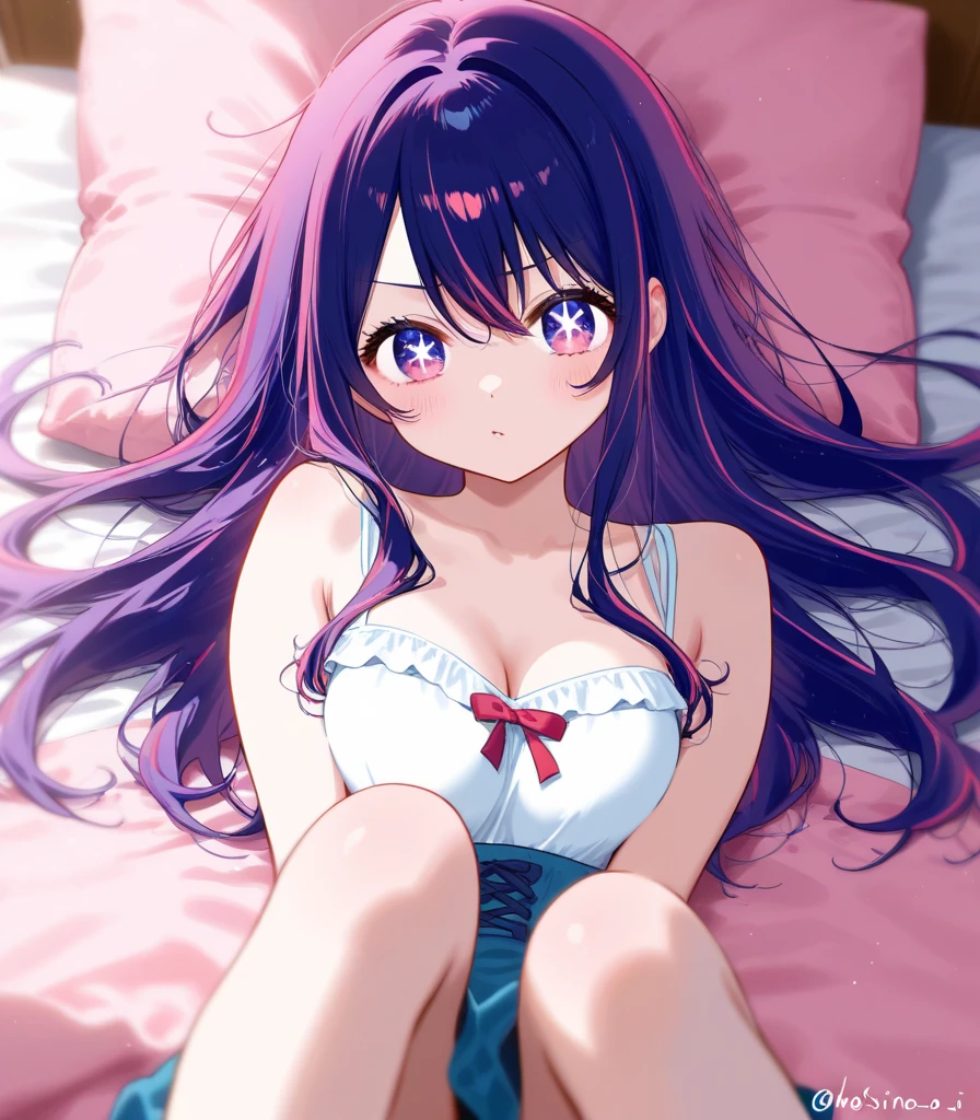 masterpiece, Hoshino Ai, long hair, purple hair, streaked hair ,purple eyes, star-shaped pupils, hair ornament, lingerie, sexy, begging face   , saliva, orgasm ,  cute , laying down in bed, 