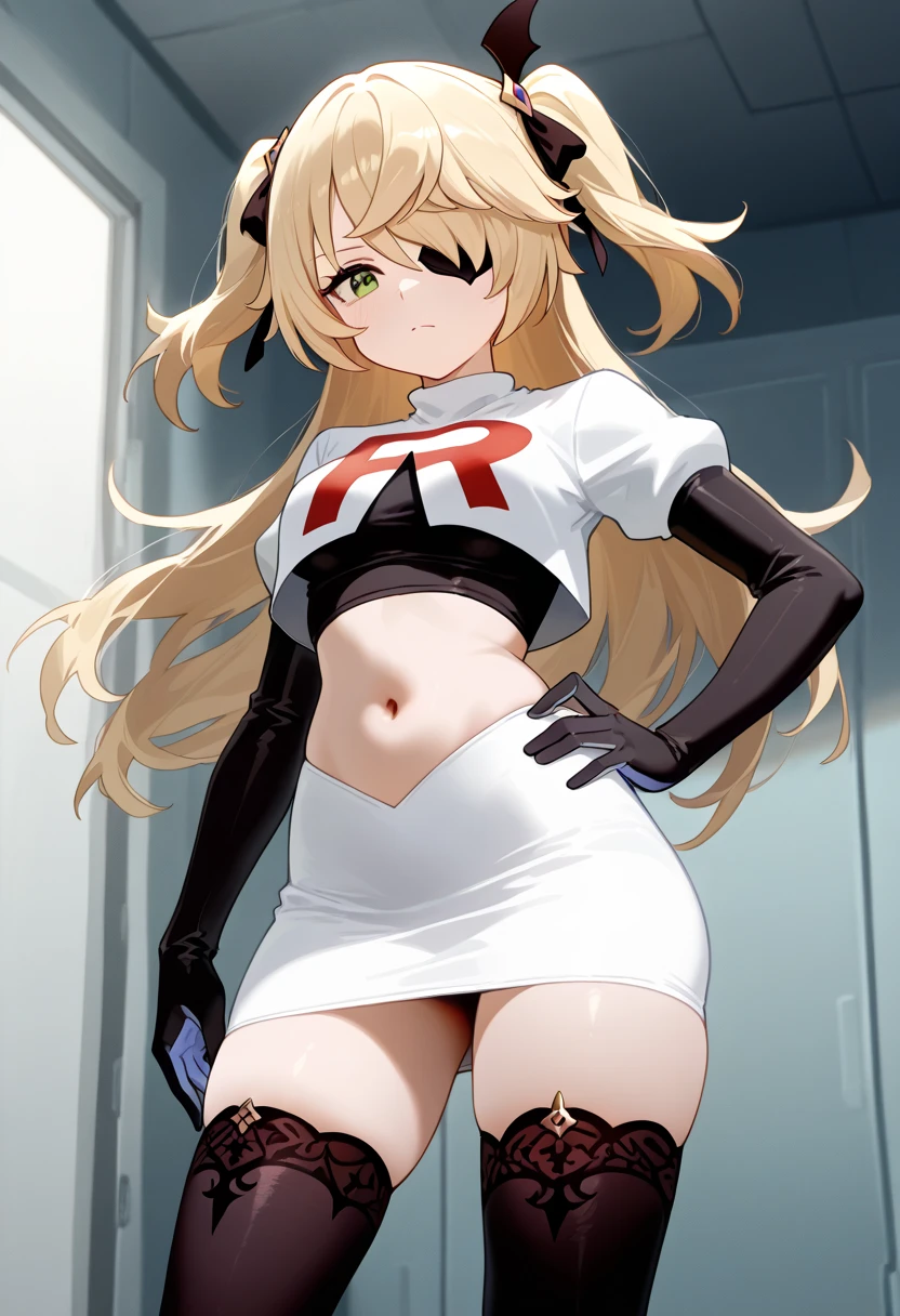 Lucy_Heartfilia, long hair,blonde hair, brown eyes, ,team rocket uniform, red letter R, white skirt,white crop top,black thigh-high boots, black elbow gloves, looking at viewer, cowboy shot