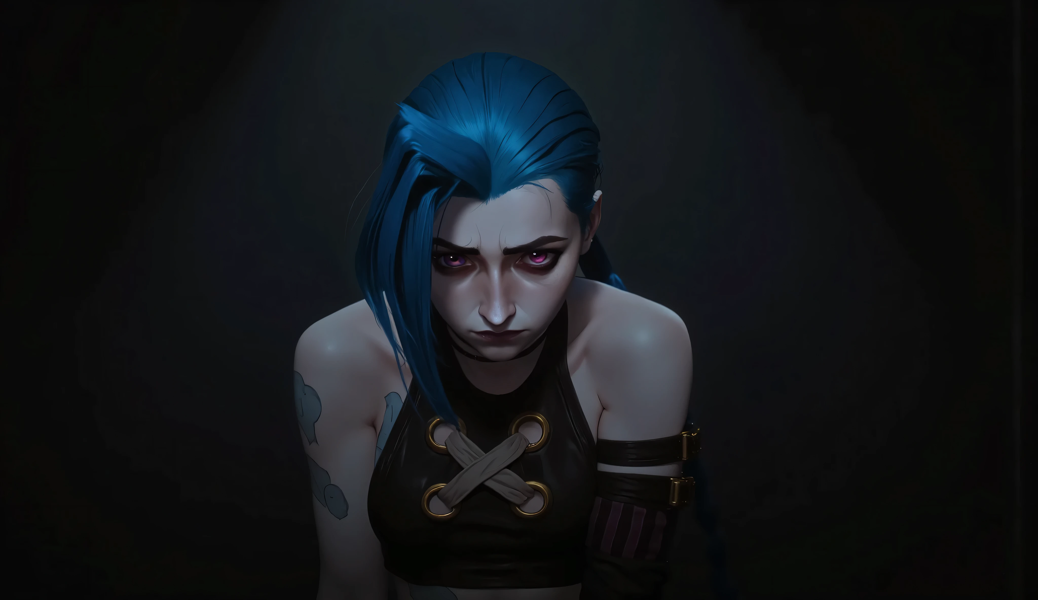 проверять_9 , проверять_8_ up , проверять_7_ up , Jinx , очень sexуально , erotica , facial composition center , woman with blue hair and black top , turned towards the viewer , голая chest , lying on the side , nipples , erotica , sex , (aerial view:1 . 2 . ) , (( turned towards the viewer : 1 . 2 . )) , (( chest : 1 . 2 . ) , (correct anatomy: 1 . 1 . ) , sexуальная , short hair , asymmetric bangs , voluminous short hairstyle , current makeup , without tails , voluminous hair slim figure , black top , tight striped pants ,, red and pink eyes , hair is loose , 1girl , One , long hair , shiny , gradient background , dark walls , dark room , darkness , darkness , ruined room ,