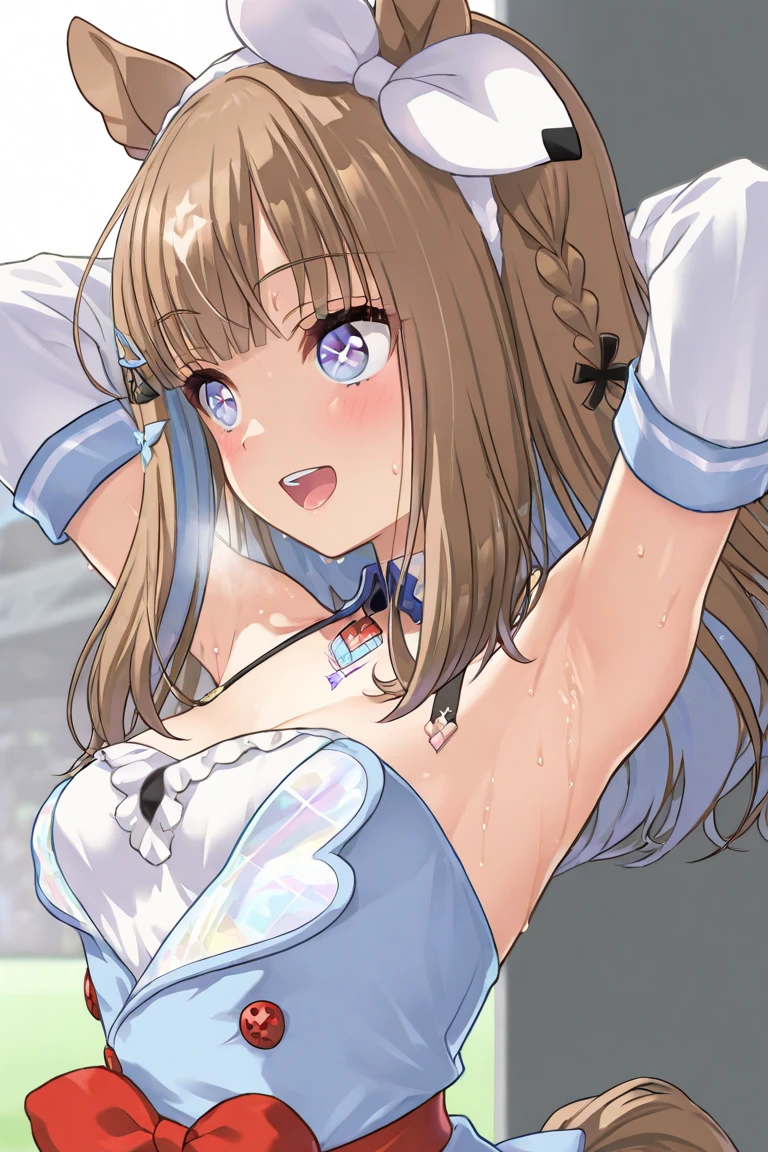 One girl, Browsing Caution, ASAHINAMOMOKO. Light brown hair, Hair Ribbon, White ribbon, One side up, Hair between the eyes, Very long hair, Pink Eyes, Hollow Eyes, Large Breasts, Nipples, Car Racing Circuit, frozen, Wet, Are crying, naked, (One girl) Pee, Breastfeeding, projectile Breastfeeding