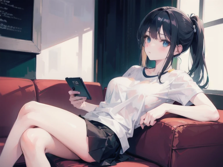 young girl, casual clothes, bedroom, light blue eyes, black hair, glasses, quiet, elegant