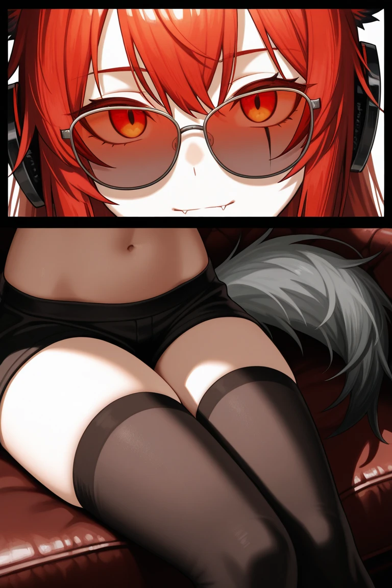 Can you draw an illustration of a nerdy but emo girl with small breasts, and large thighs? She has short ginger red curls cascading onto her shoulders along with dark brown eyes. The girl also includes thick black round glasses. Make her in a sexual pose and with an anxious and shy expression. Make her also look young