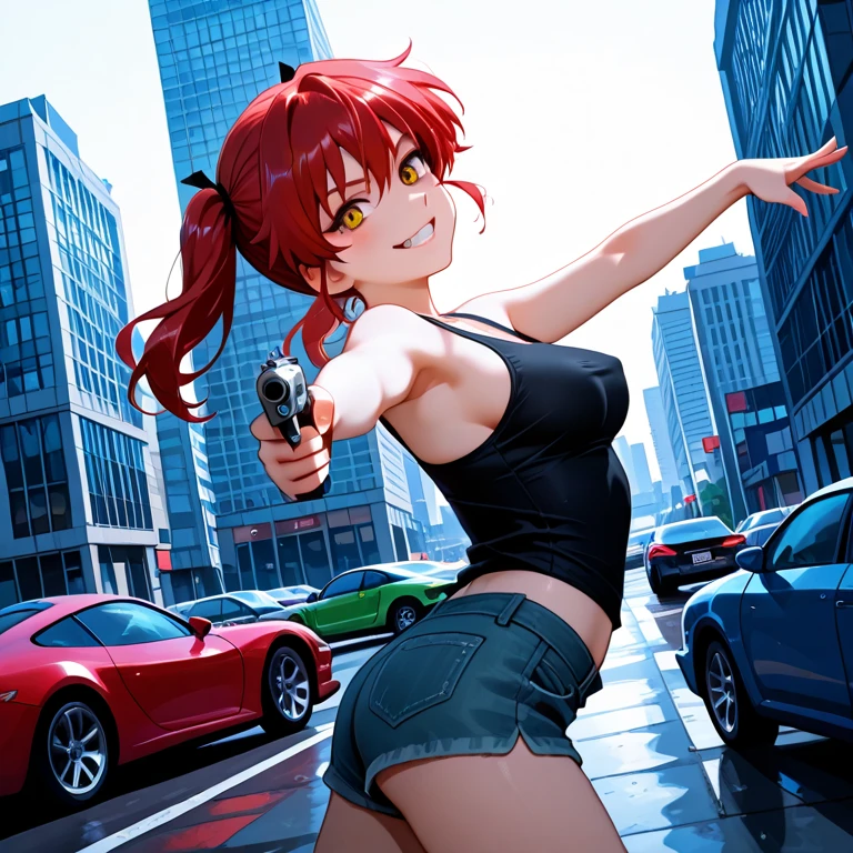 a woman with long flowing red hair wearing a bikini top and shorts, aiming a pistol directly at the camera with her eyes closed, leaning against a brick wall in the foreground, city skyline with skyscrapers in the background, cowboy bebop style, cinematic lighting, highly detailed, photorealistic, award winning digital art