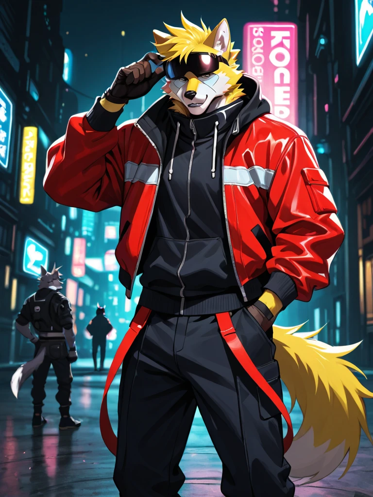 animation, Highest quality, Highest quality, High quality illustrations, masterpiece, Ultra-high resolution, Detailed Background, cyber cafe, Graffiti art on the wall, Absurd, Perfect Anatomy, performance, Good lighting, Shadows in the movies(kemono, Furry PersonifiCation), Cat, Blueskin, Orange Rubber Suit, latex, neon, neonライト, neonカラー, Bodysuits, Cyber Suit, Leather Half Jacket, cyber punk, Dynamic Angle