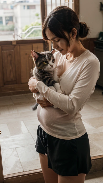 I want an igame of a pregnant woman with a cat by her side. She is imagining her baby, than, in the image of imagination, appears with microcephaly, blind, and mentally ????????.