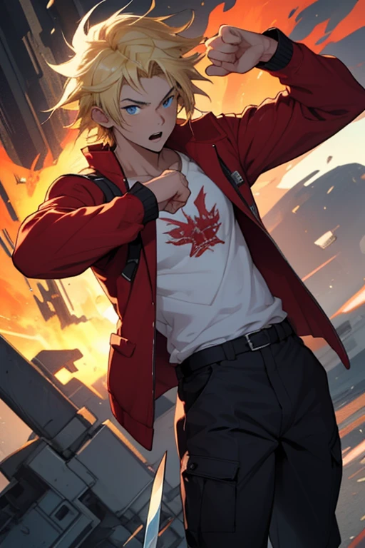 ((highest quality)), ((masterpiece)), (become familiar with), 1 male, alone, blonde,brown skin,red eyes,cargo pants,Red jacket,Black inner shirt,Large size,Hairstyle is wolf cut,Fingerless Gloves, put your hands on your hips,cyber punk,SF