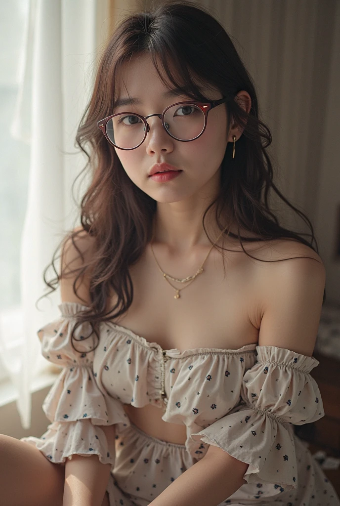 Top quality, one beautiful woman, 20 years old, 35mm lens, f/1, dark brown eyes, glasses, braids, black hair, pale skin, medium chest, slendar body, white pajamas, ((see through)), bed, brownn eyes, shy, room light, night, look at viewer