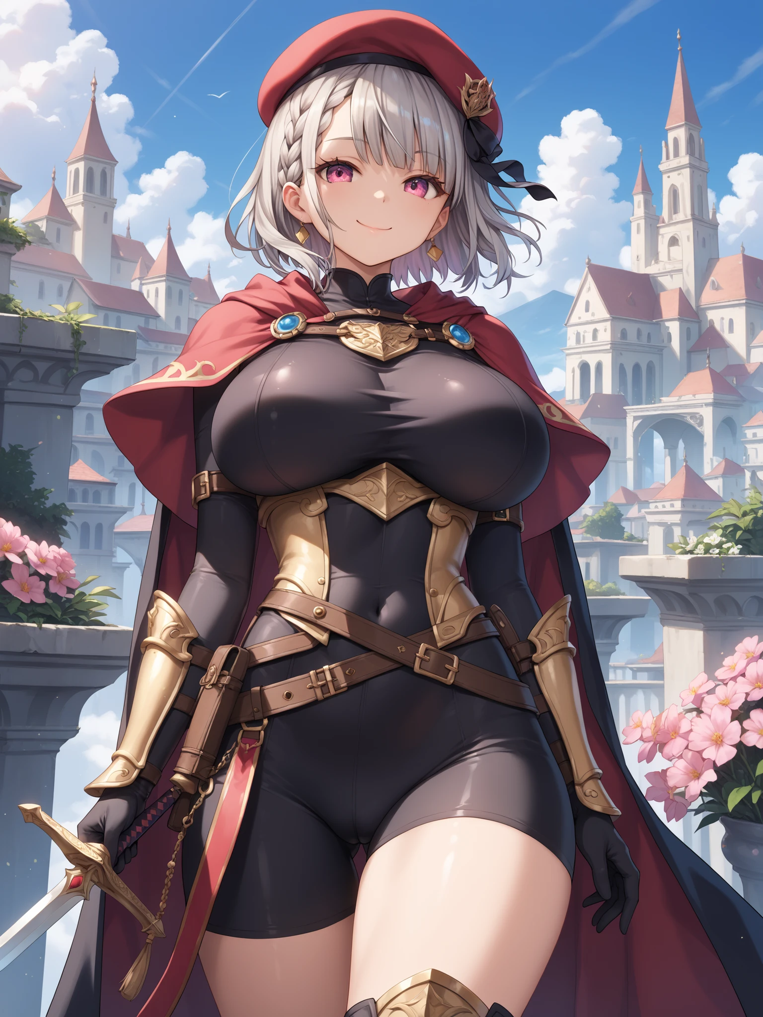 (masterpiece, best quality, detailed), 1girl, solo, looking at viewer, aayanagi, short hair, hair between eyes, long bangs, sidelocks, hair over eyes, covered eyes, large breasts,
king, cape, fur-trimmed cape, armor, gold, crown, gem, jewelry, white gloves, outdoors, garden, grass, bush, sunset, rose, contrapposto, smug, smile, closed mouth