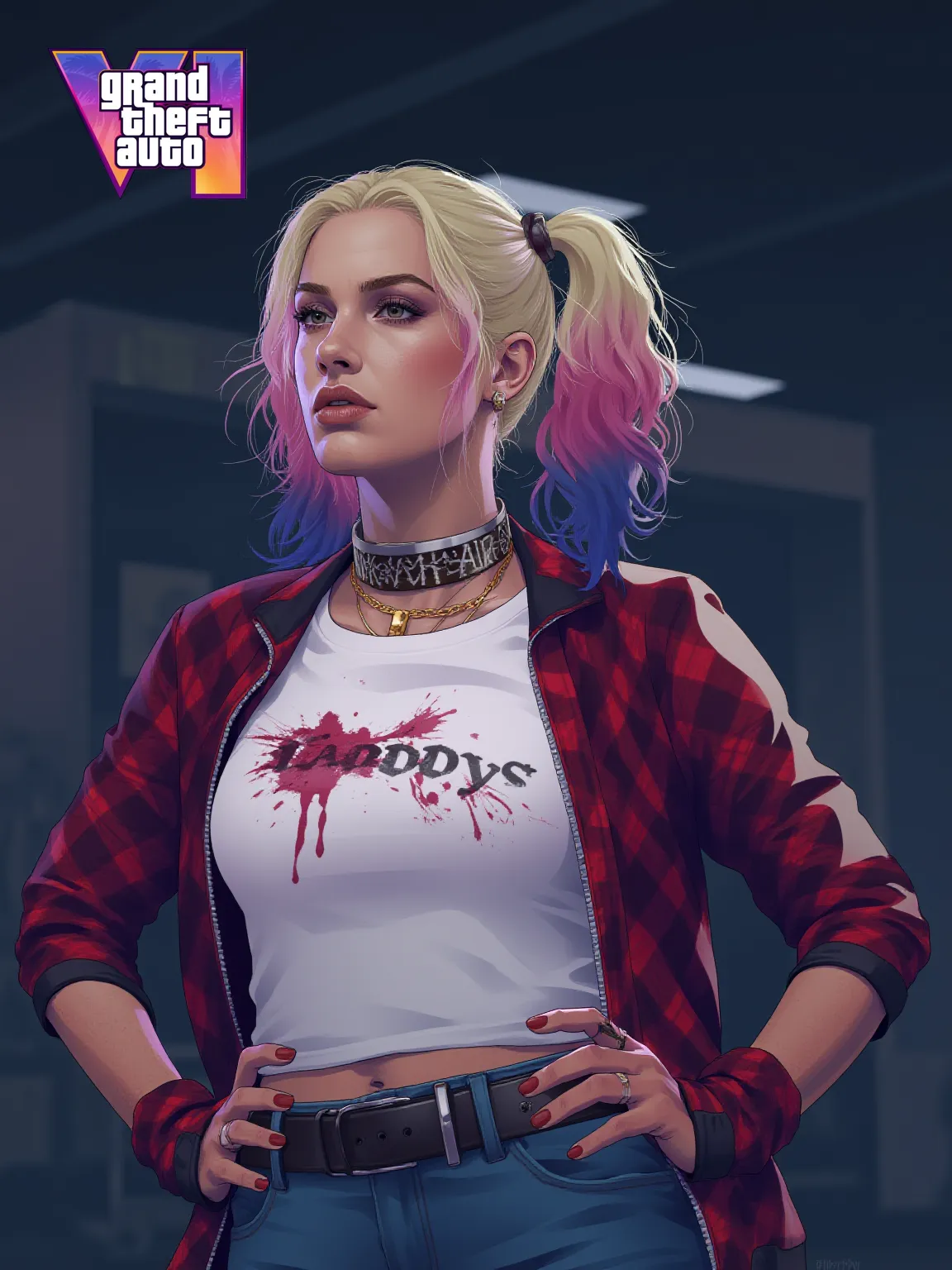 A fierce female character stands confidently in the center of a dark, psychotic smile, gritty urban street at night. She has strikingly bold makeup with heavy eyeliner and bright red lipstick. Her hair is styled in two high pigtails, with one side dyed pink and the other side dyed blue. She is dressed in a torn white shirt with "Daddy's Lil Monster" written on it, Harley Quinn look, paired with a shiny red and blue bomber jacket. She also wears a pair of fishnet stockings, very short ripped red and blue shorts, and a studded belt. She holds a baseball bat over her shoulder with a determined expression on her face. The background features blurred storefronts with neon lights, adding to the urban, chaotic atmosphere. The overall vibe of the image is rebellious and edgy.