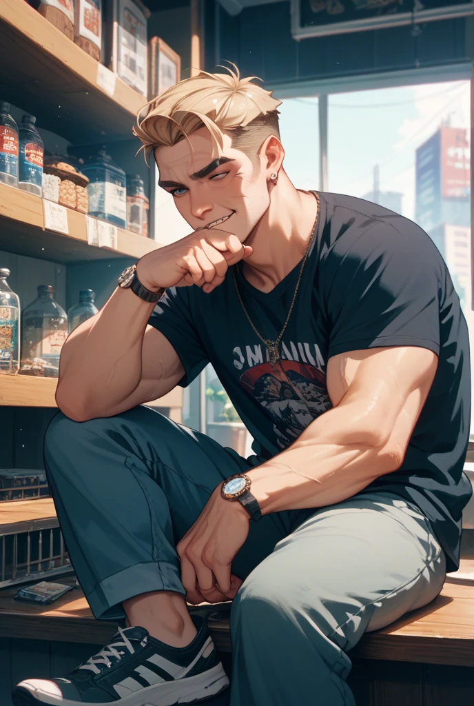 (Absurdres, Absurd Amount of Details, Intricate Details, Masterpiece, Best Quality, High Resolution, 8k), (GS-Masculine:0.2), (1man), (male:1.2), young, chiseled facial features, finely detailed eyes and face, lean body, distinguished and mature with a touch of ruggedness, light skin, aqua short messy hair, sage green eyes, short beard,  sitting on a chair hands put on the rail, thorough details, training shirt, finely detailed background, Depth of Field, VFX, Gaussian Blur, Cowboy Shot, Shallow Focus, High Angle Shot, Edge Lighting