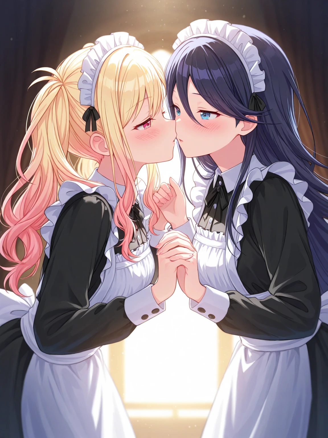 ​master piece,hyper quality, Hyper Detailed,Perfect drawing,Hi-Res、２People Japan Idol、Gothic lolita、maid clothes、Lovers、Look at each other from the front、((kiss))、(((French kiss)))、Hug each other's chests as if pressing、stare at each other、Moist eyes、Half-open lips、Beautiful、red blush(0.2)、Functional、seductiv、Trance、demagoguery、Beauty、bustup、Shunguang、、Shot diagonally down from the front、precise drawing、Detailed drawing、Precise human body structure、Locker Room、beatiful backgrounds、