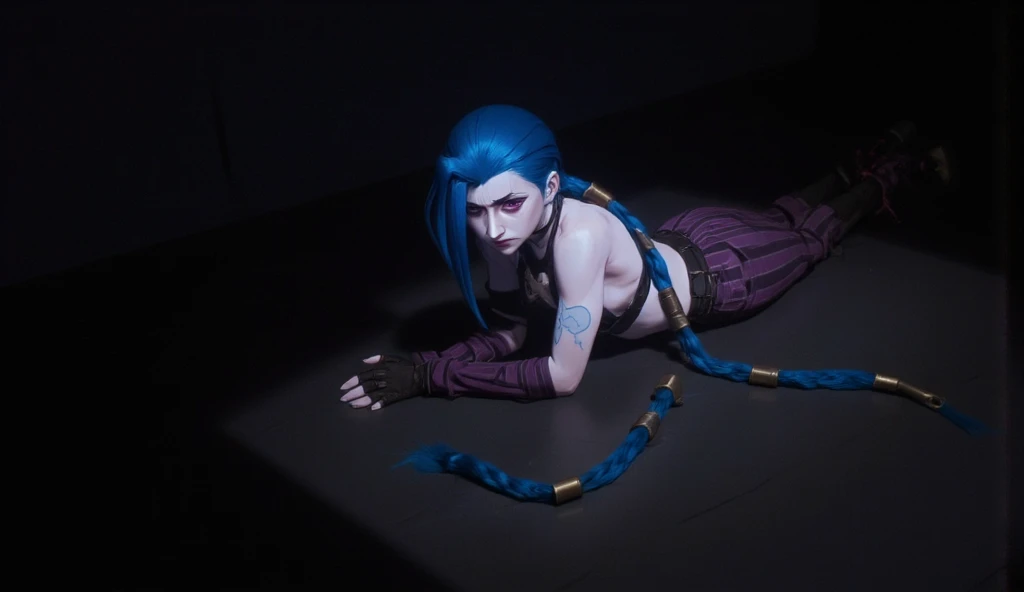alta resolução, obra-prima, melhor qualidade, 1girl, red sclera,red pupils, cyborgunder, green hair, colored skin, many tattoos, roupa futurista, skirt, lying down, detalhes neon, estilo cyberpunk neon, ao fundo cidade cyberpunk a noite, pele finamente detalhada, seios enormes, pernas muito musculosas