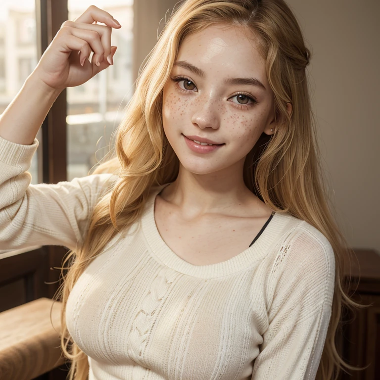 curly hair、baby face、white people、blonde、nordic、girl、美girl、camisole、1girl in, age19, Solo, Long hair, Looking at Viewer, Brown eyes, Sweaters, Realistic, A sexy、美girl、well-groomed face、masterpiece、beautiful woman, (highest quality:1.2), [:intricate details:0.2],