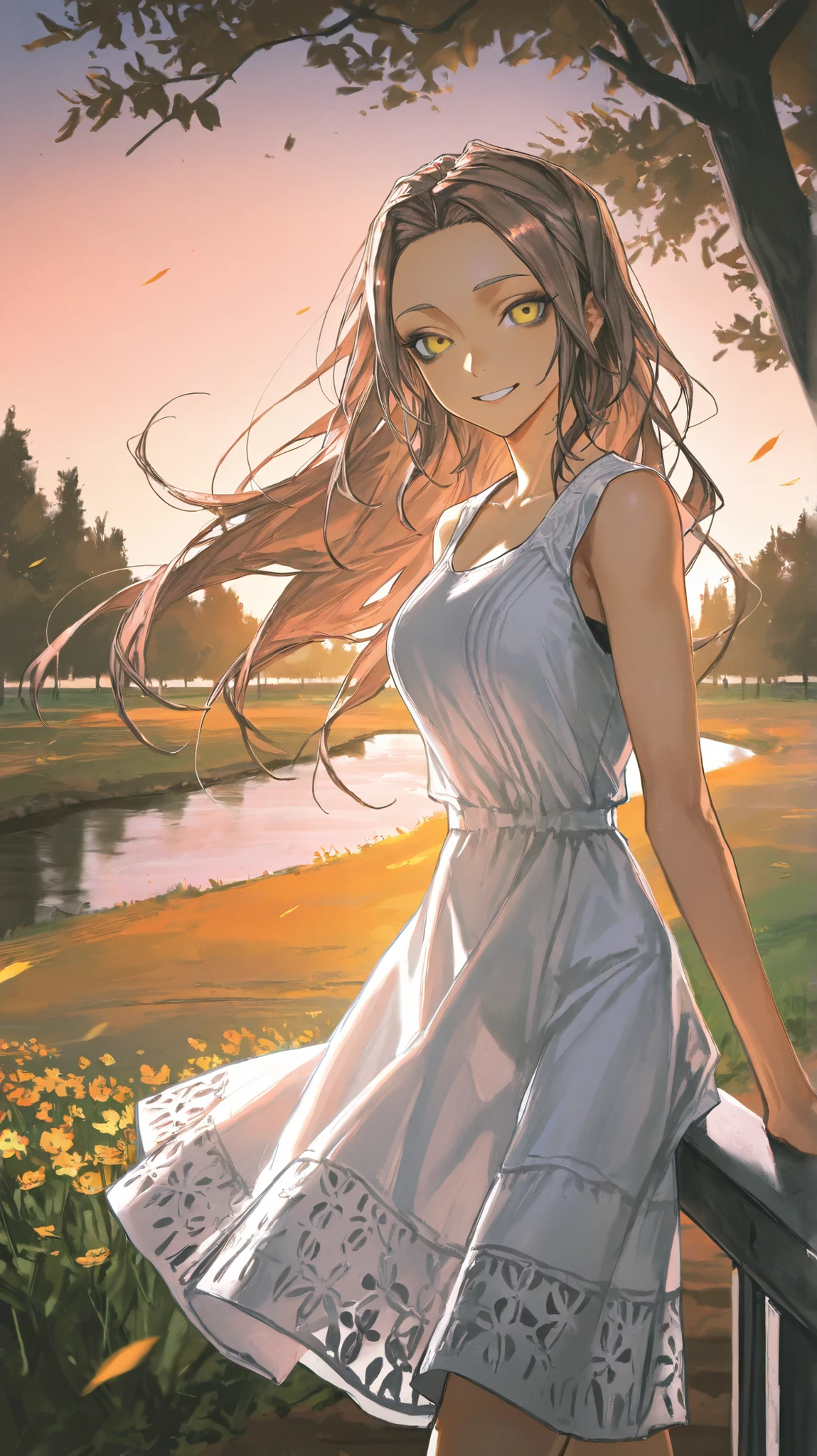 (by wanke:0.4), (by quasarcake:0.6),  (by dino \(dinoartforame\):0.9), mirka, 1girl, brown hair, long hair, long hair, black eyeshadow,white dress, flower pattern, outdoors, park, riverbank, smiling, looking at viewer, strong wind, floating leaves, sunset, medium-[monochrome], masterpiece, best quality, amazing quality