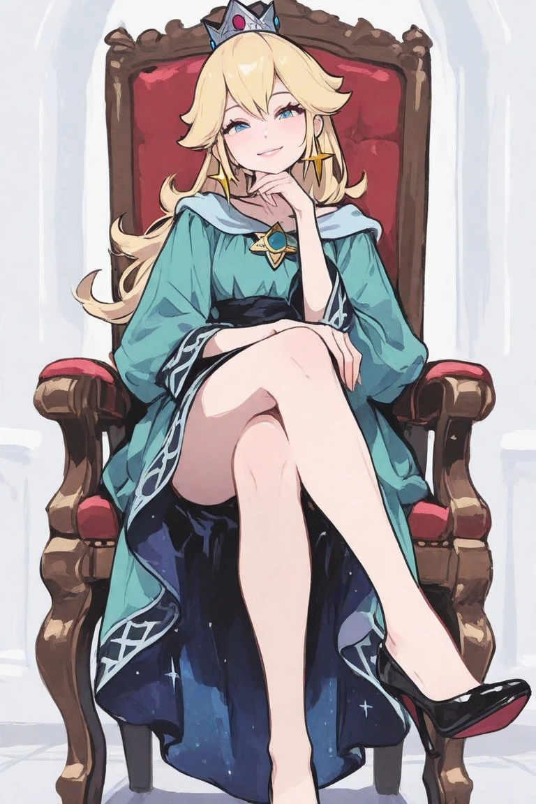 1girl, marcilledonato, elf, blonde hair, green eyes, white pupils, blue capelet, twin braids, sandals, blue robe, ponytail, sitting, crossed legs, throne, looking down, from bottom, looking at viewer, masterpiece, best quality, femdom, sadism, trampling, stepped on, penis, testicles, sandals crushing penis, footjob, cum on feet, nsfw, uncensored 