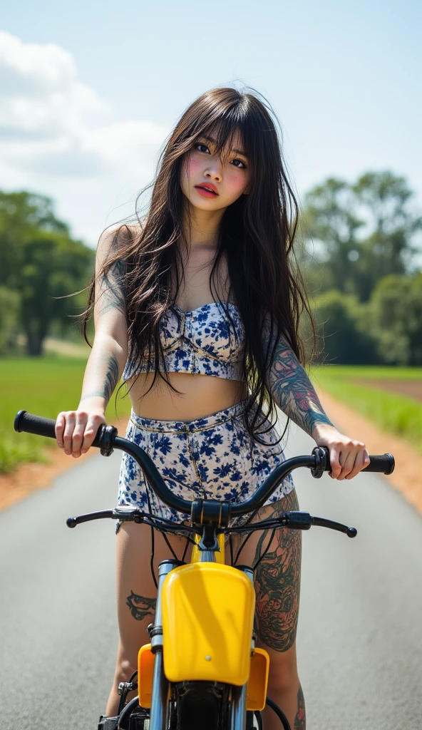 8k、RAW Photos、Highest quality、Super detailed、Super Resolution、Ultra HD、8k wallpaper、Amazing details
(((Full body photo)))A high school girl in uniform riding a bicycle　Dynamic　A sloppy smile　On the way to school
((((Emphasize cleavage))))
(((((Black floral panties and bra are visible)))))
