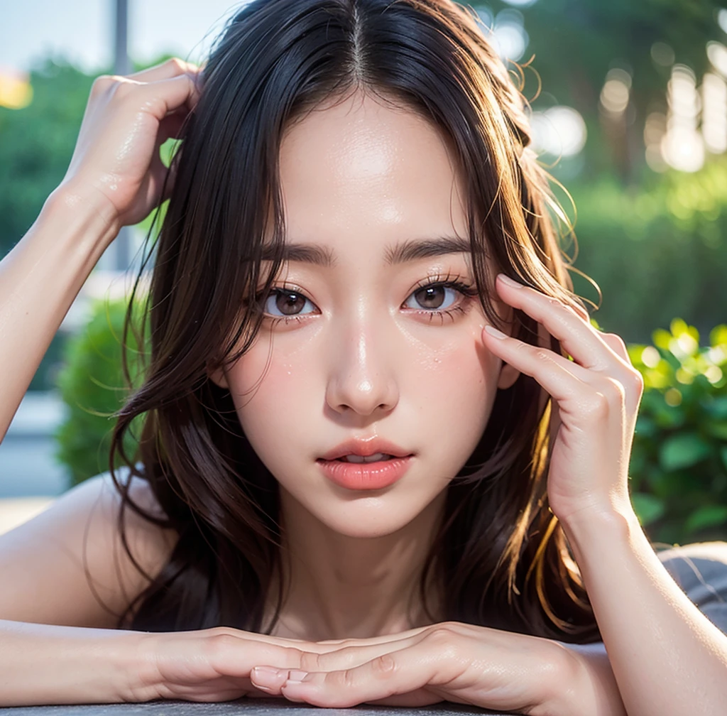 A closeup of a long-haired woman holding her hands on her face, korean face features, Mulher sul-coreana bonita, young adorable korean face, beautiful aesthetic face, wan adorable korean face, linda mulher coreana jovem, mulher coreana jovem bonita, maquiagem sul-coreana popular, maquiagem coreana popular, Jinyoung Canela, korean symmetrical face, belo rosto delicado, belo rosto redondo
