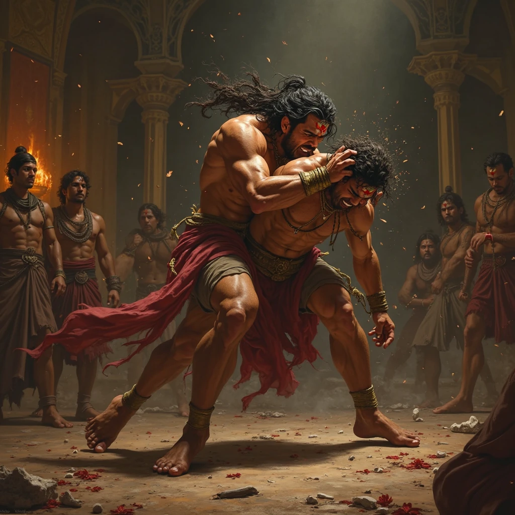Fit indian wrestler pinning opponent on ground by trampling on his back with wrestling shoes