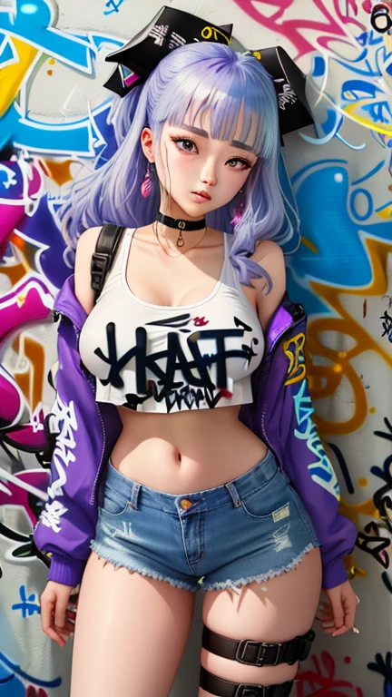 (most detailed, 8k, brilliantly executed),(high resolution, extreme attention taken to detail),(1girl),(pastel purple hair, black open zipped hoodie, jean shorts, tattoos),(nose piercing) Glasses