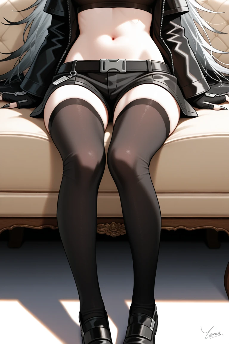 ((perfect anatomy)), a woman,  mature sexy woman , a woman perfect in every way, eyes, eyebrow,   white hair, (smiling), neck, big chest, perfect belly, waist, sexy legs, (((high waisted black skirt))) , black bra , white skin,white perfect skin , sexy skirt , ((long slit skirt)) , (she wants me) , (((laying on couch))) , black stockings , pantyhose , sexy feet