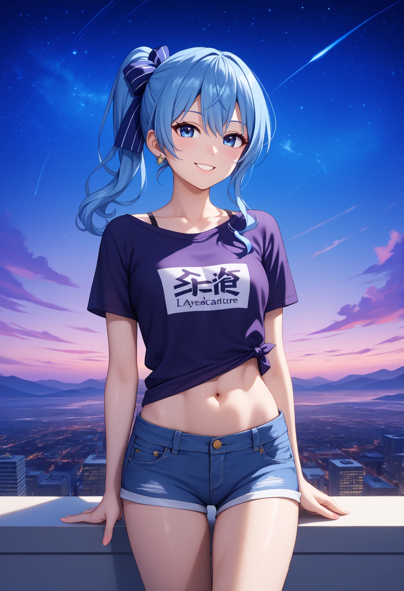 masterpiece, best quality, integrated scenery, integrated background, extremely delicate and beautiful, meticulous details, good composition, , cute face, perfect face, perfect hands,(8k、Best image quality、highest quality)、Detailed face、 1teen_girl、Blue Hair、Long Hair、sideponytail、dark_blue_eyes、smile,(peek_navel:0.7),(small_breasts:0.5),(White_T-shirt:1.3)、Off_shoulder、Black shoulder straps、(open_front_shorts,denim_short_shorts:1.2)、City Background, starry_sky_landscape ,hoshimachi suisei, (belly_button:1.2),nihil,solo,stargaze,girl_looking_up_sky,slender,solo,boots,abs, tight_waist, point_to_sky,slender_thighs,knees