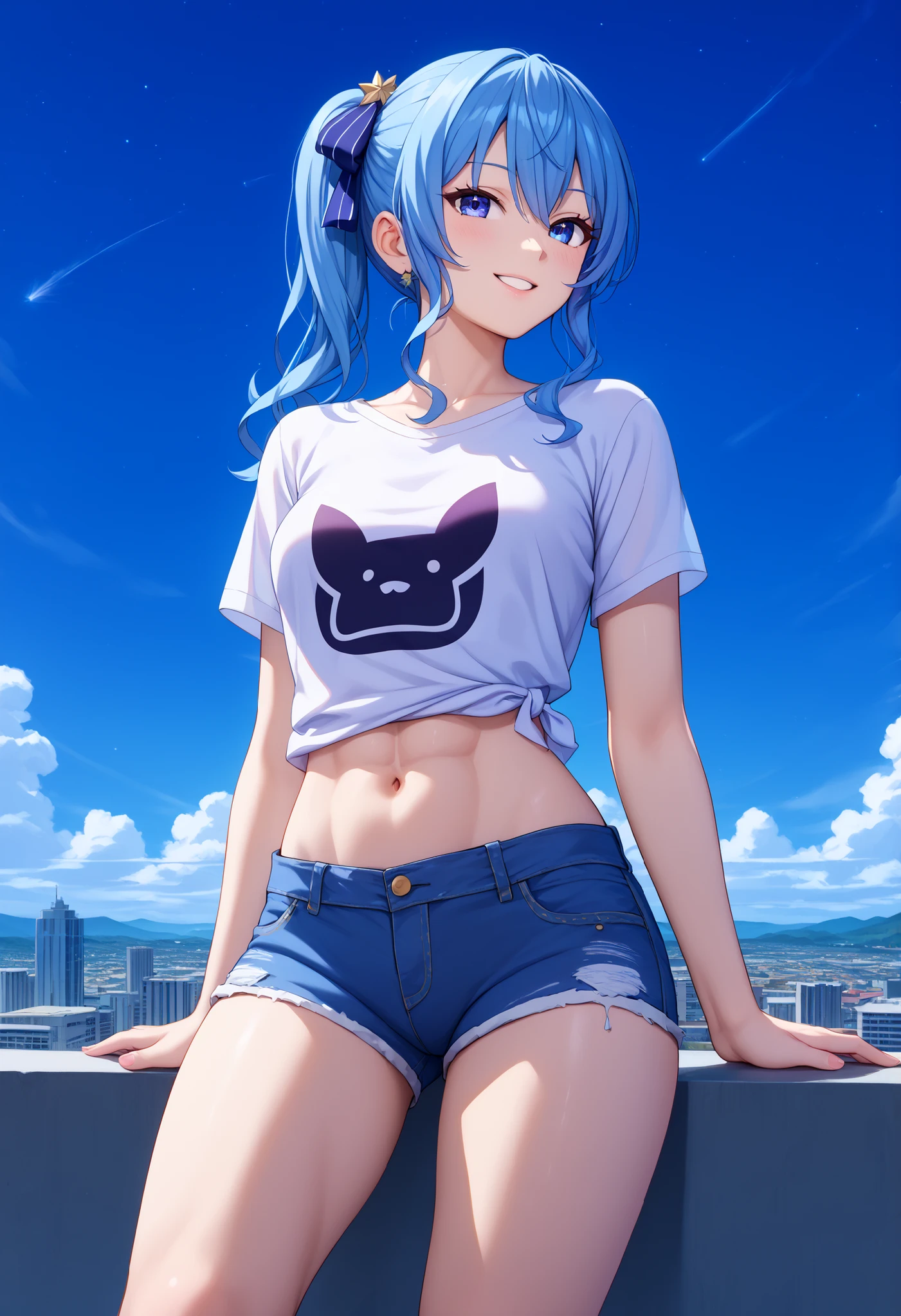 masterpiece, best quality, integrated scenery, integrated background, extremely delicate and beautiful, meticulous details, good composition, , cute face, perfect face, perfect hands,(8k、Best image quality、highest quality)、Detailed face、 1teen_girl、Blue Hair、Long Hair、sideponytail、dark_blue_eyes、smile,(peek_navel:0.7),(small_breasts:0.5),(White_T-shirt:1.3)、Off_shoulder、Black shoulder straps、(open_front_shorts,denim_short_shorts:1.2)、City Background, starry_sky_landscape ,hoshimachi suisei, (belly_button:1.2),nihil,solo,stargaze,girl_looking_up_sky,slender,solo,boots,abs, tight_waist, point_to_sky,slender_thighs,knees