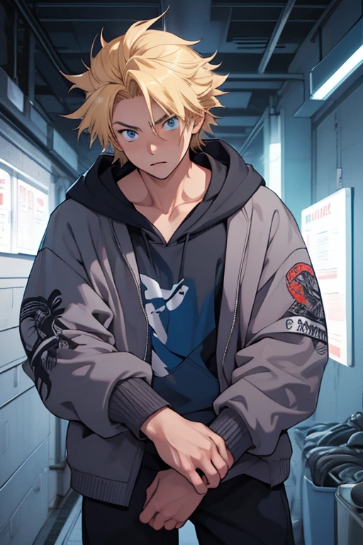 A guy in grunge clothes, cool looking, handsome, urban setting, dark colors