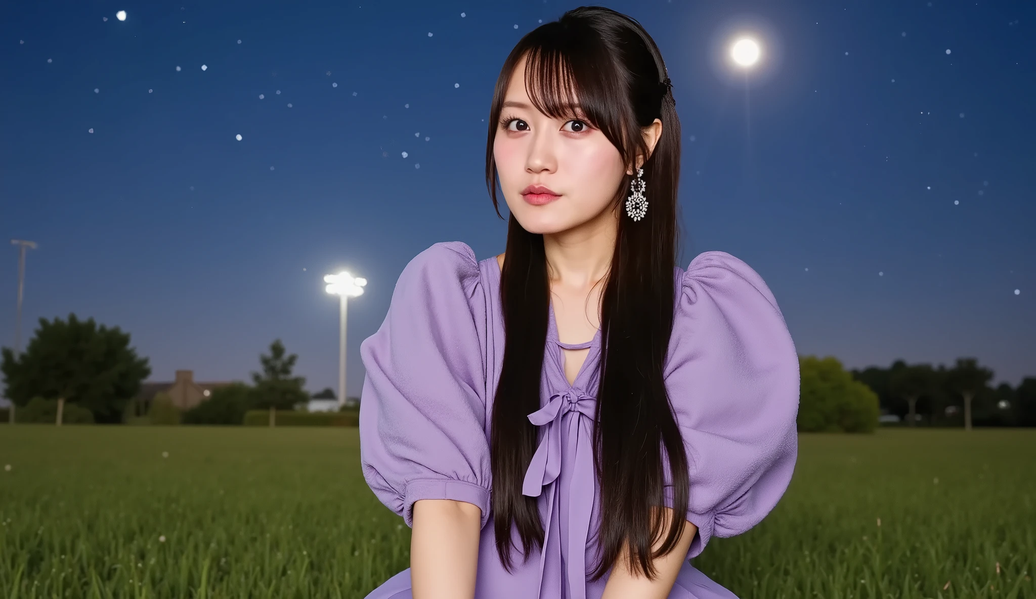 A cute Japanese woman sitting on a grassy field under a beautiful starry sky, wearing fluffy Night purple off shoulder. She is sitting with her knees bent, looking relaxed and peaceful. The atmosphere is serene, with soft glowing stars in the sky and a gentle breeze in the air. The pajamas are soft and light, adding a cozy and dreamy feel to the scene. The background includes the vast expanse of the night sky filled with stars, and the grass beneath her is lush and green, swaying slightly in the breeze.