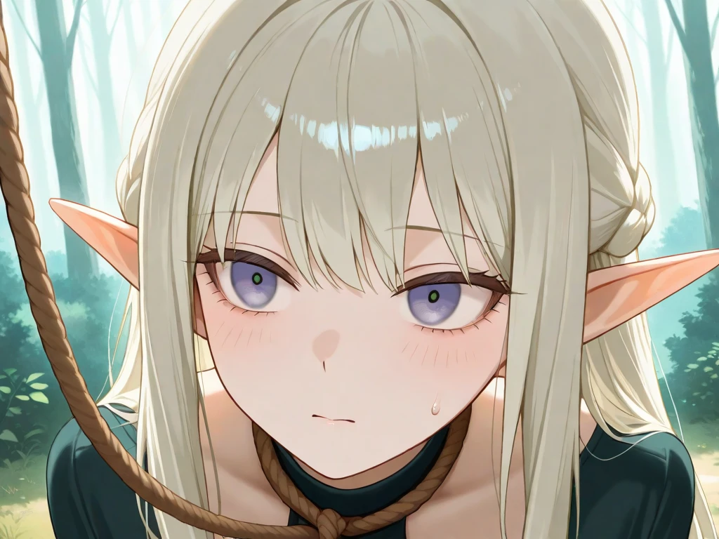 anime. young woman. elf. edge. edge collar. shackles. Dirty tunic. torn tunic. blonde. long hair. green eyes. beautiful eyes. pointed ears. cold. runny nose. sneeze. sneezes. Snot flows from the nose. Covers nose with hands. Snot flows from the nose onto the palm after sneezing. standing. Full body.