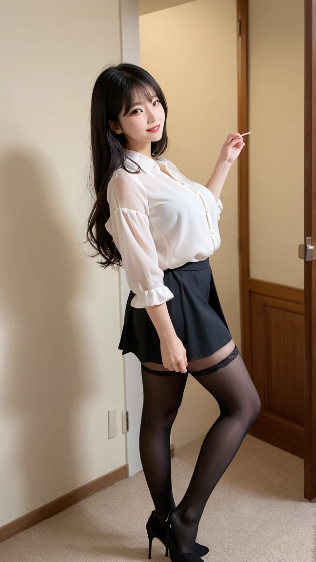 (Highest quality、Highest quality、Highest Resolution、masterpiece、detailed、live-action)、
(((Lift up the hem of your skirt with your own hands)))、
(((Grab the hem of your skirt with your hands)))、
(((Wearing pantyhose up to the waist)))、
((Show me your panties))、
((Panties are visible))、
1 Japanese woman、
Cute Japanese Woman、
Beautiful 20 year old Japanese woman、
Slender figure、
Super slim figure、
Small breasts、
Silver Hair、
The woman&#39;s body is facing the photographer、
smile、
whole body、
Standing posture、