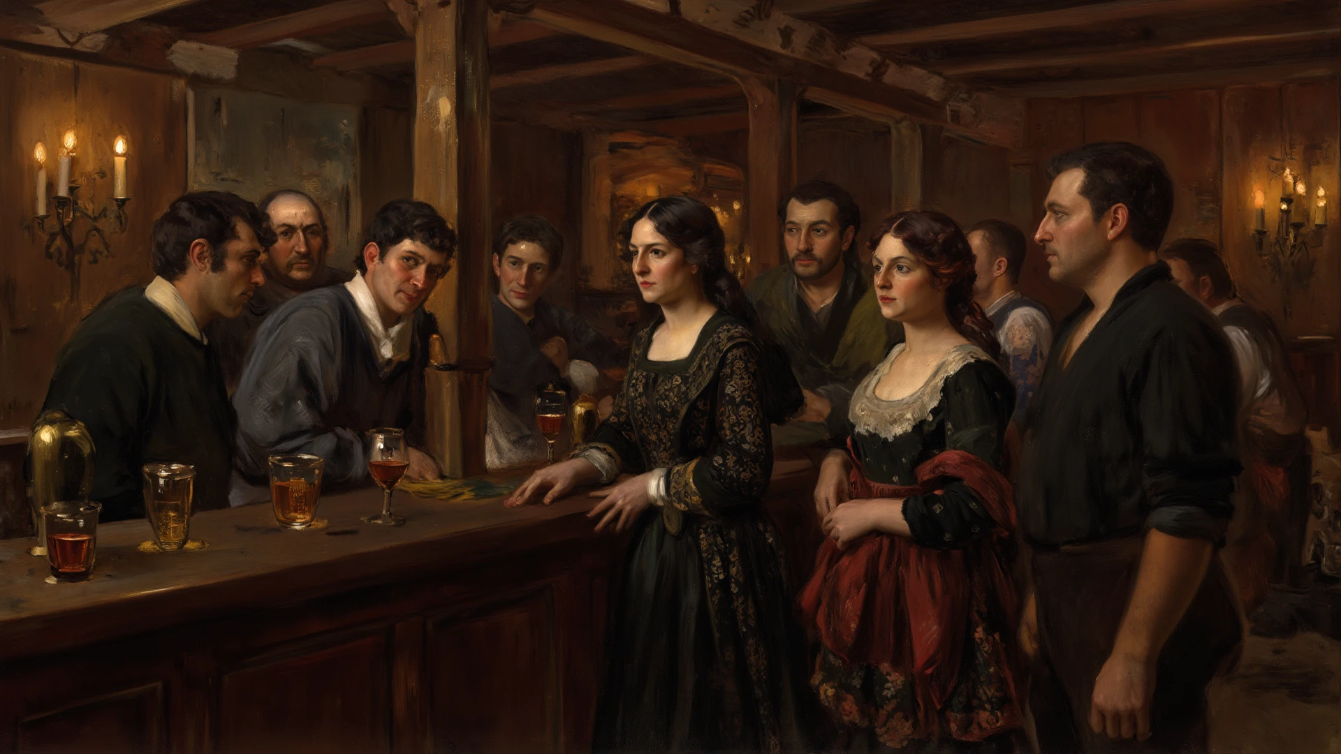 a close up of a painting of a man and woman in a kitchen, inside a tavern, in a pub, tavern, in the pub, by William Jacob Baer, high - relief sculpture scene, victorian alchemists, quirky 1 9 th century, 1 9 th century scene, in fantasy tavern near fireplace, 3 d oil painting, by John Atherton