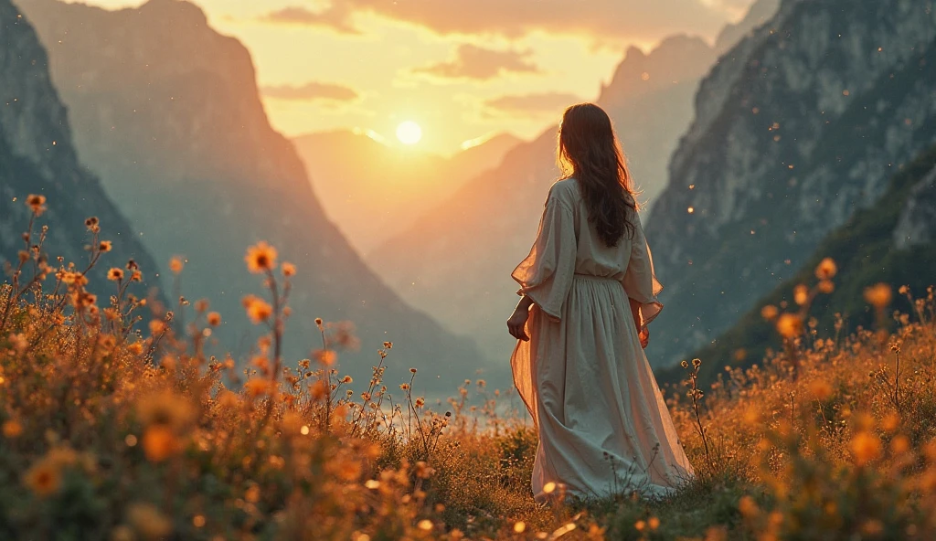 (Landscape) one girl seeing to sunrise .she is indian girl