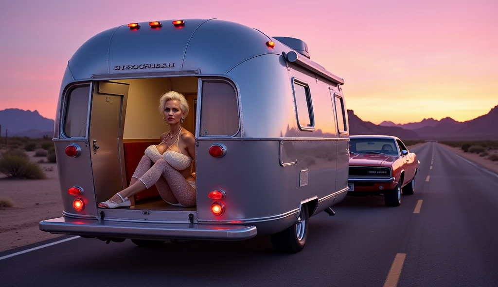 ((best quality)), ((masterpiece)), (detailed), perfect face stunning pin up girl from the 50s, blonde, long hair, white unbuttoned up shirt, denim shorts, tits, desert canyon road, vintage cars in the distance