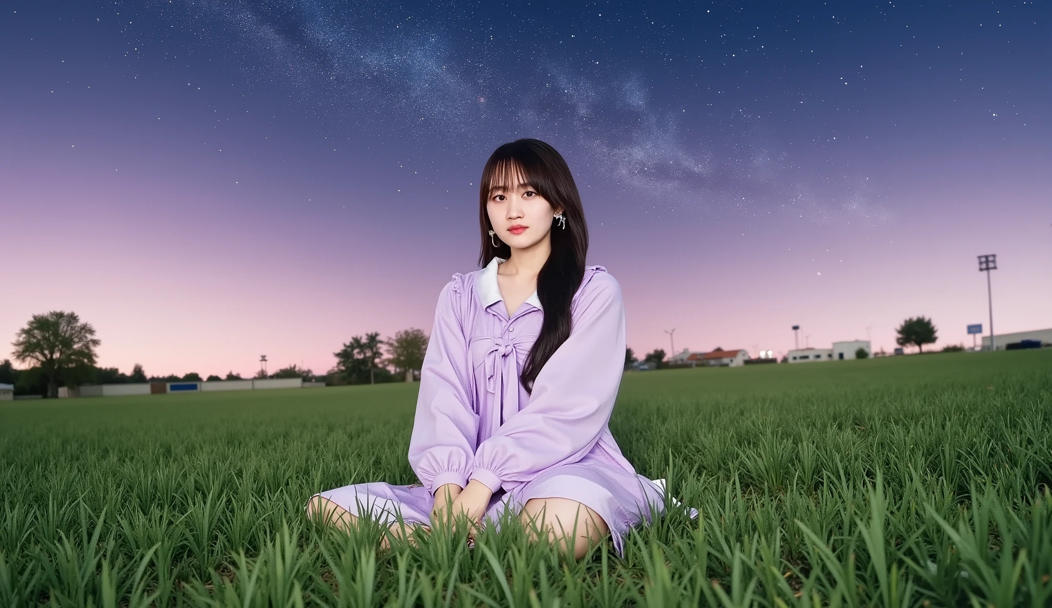 A cute Japanese woman sitting on a grassy field under a beautiful starry sky, wearing fluffy Night purple off shoulder. She is sitting with her knees bent, looking relaxed and peaceful. The atmosphere is serene, with soft glowing stars in the sky and a gentle breeze in the air. The pajamas are soft and light, adding a cozy and dreamy feel to the scene. The background includes the vast expanse of the night sky filled with stars, and the grass beneath her is lush and green, swaying slightly in the breeze.