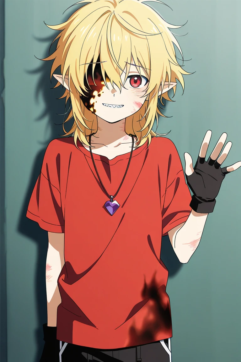 Male,bloody red eyes,body stitches,looks insane,has puppet strings on fingers, short white,hair,yandere,talk,in a dark space,wearing all dark red