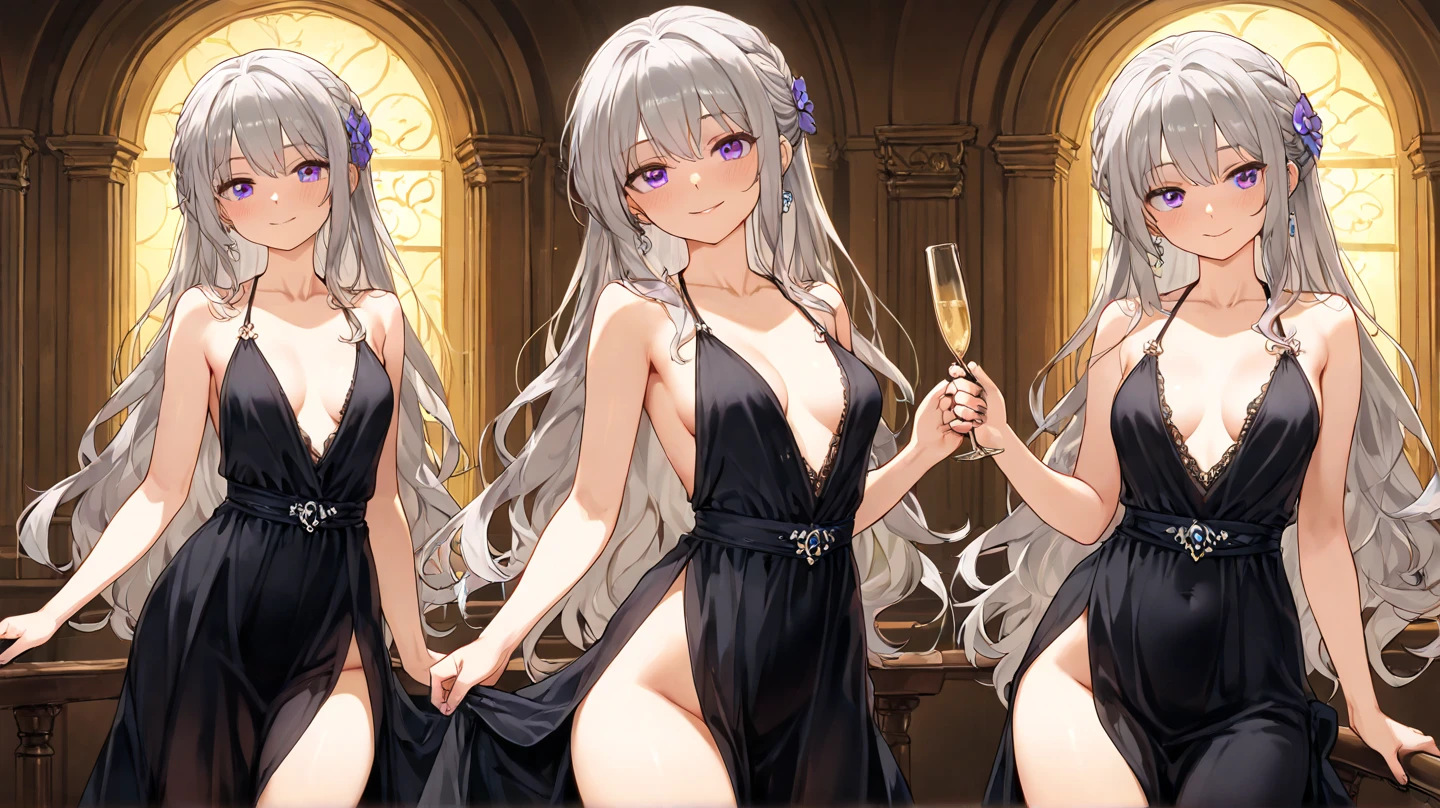 a young silver haired woman with green eyes with an hourglass figure in a Gothic converative and traditional kimono is smiling at a festival in the underworld