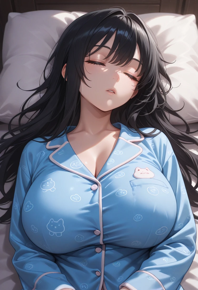 Girl,cute,cute,From above,Chest to head,Look up here,Embarrassed,Straight Hair,Long Hair,Black Hair,big breast photos,looking at the camera,Sleepy look,Lying in bed,Bedroom,night,Starry Sky,pajamas