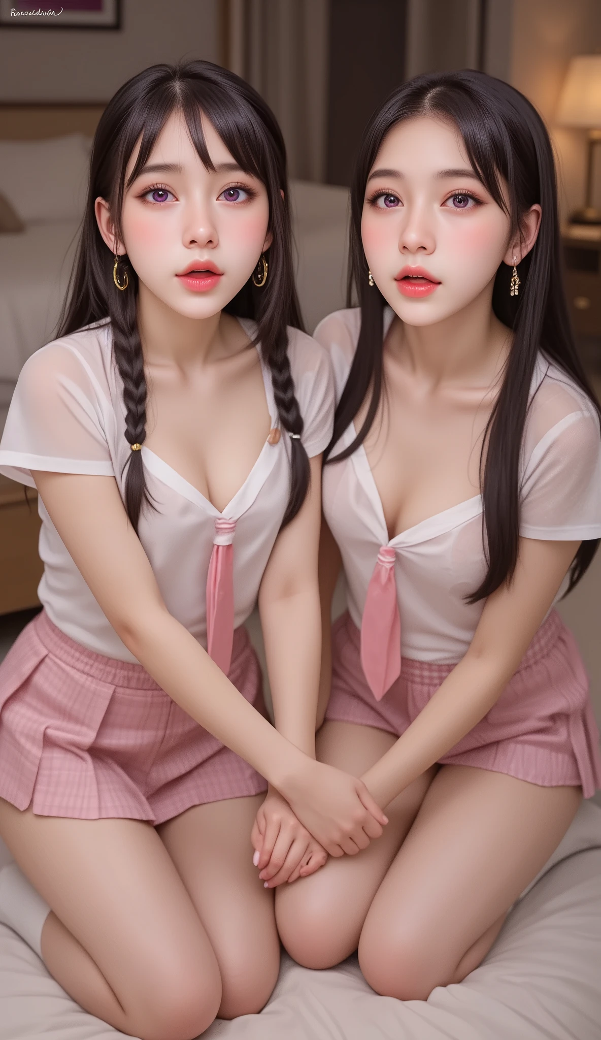 ((My face is wet with milk))、Background Bedroom、((On all fours))(Open mouth climax face)、Braided Hair、Cute face drawing、Realistically、(Two 29-year-old women embracing each other, cleavage emphasized)、Wearing a ((hoop earrings, college girl (Purple straight long ponytail hair, Princess Updo, HairClips, Hair Ornaments, perfect glowing pink-purple eyes) in uniform, (pink plaid pleated skirt), (see-through white unbuttoned blouse), (pink tie), (thigh high socks))),,Big Breasts,Accentuate your cleavage,Looking up from below,blush,moist pink lips,sexy,Own,Please open your mouth wide、Place your arms behind your head、Wear underwear