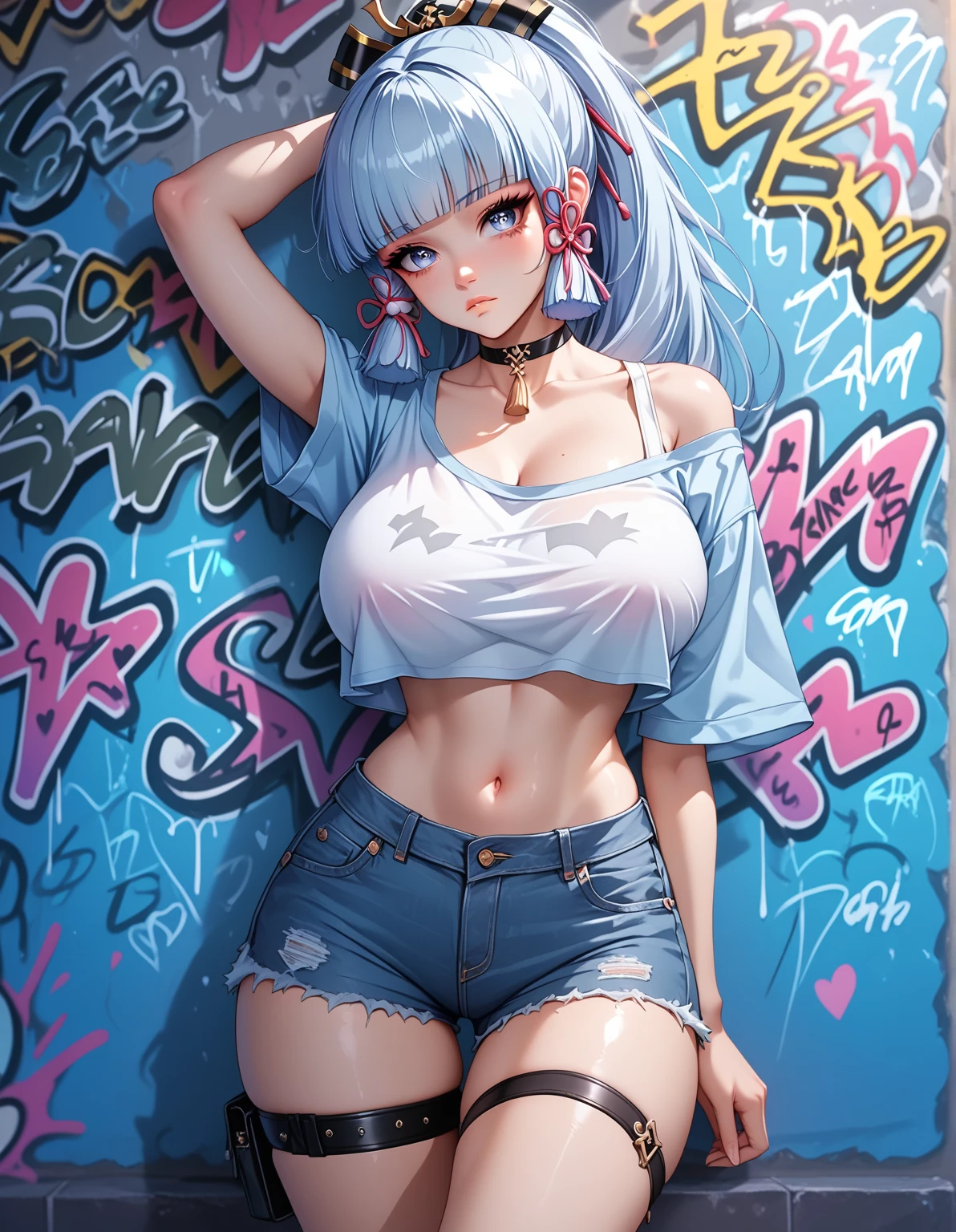 realisticlying, A high resolution, softlighting,a 1 woman, 独奏, hip-up, Glossy glossy skin, (详细的脸),Tattooed with, jewely, (Rainbow-colored hair,multicolour hair,Half blue, half pink hair:1.2), Microbikini，pregnant women with，Spread your legs apart，squatting on the ground